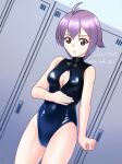  1girl alternate_breast_size antenna_hair black_swimsuit breasts brown_eyes cleavage cleavage_cutout clothing_cutout commentary_request cowboy_shot dutch_angle front_zipper_swimsuit kantai_collection locker medium_breasts meme_attire one-hour_drawing_challenge one-piece_swimsuit purple_hair sakawa_(kancolle) short_hair solo swimsuit wata_nuki 