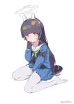 1girl absurdres animal_ears bangs black_gloves black_hair blue_archive blue_serafuku blue_skirt bright_pupils dated fake_animal_ears full_body gloves green_neckerchief halo hand_on_own_chin highres leaf leaf_on_head long_hair looking_at_viewer miyu_(blue_archive) neckerchief nijiko_uro no_shoes pantyhose rabbit_ears red_eyes sailor_collar school_uniform seiza serafuku simple_background sitting skirt solo white_background white_pantyhose white_pupils white_sailor_collar 
