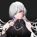  1girl a9_(repainter) bangs black_background black_nails black_shirt breasts buttons closed_mouth colored_inner_hair ear_piercing grey_hair hand_up highres large_breasts long_hair looking_at_viewer multicolored_hair original piercing pink_hair red_eyes shirt smile solo symbol-only_commentary 
