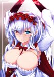  1girl apron armpits arms_up azur_lane blue_eyes bow bowtie breasts cleavage dress elbing_(azur_lane) elbing_(the_throne_of_misfortune)_(azur_lane) frilled_apron frilled_hairband frills hair_between_eyes hairband heterochromia large_breasts long_hair official_alternate_costume red_bow red_bowtie red_eyes red_hairband solo tetsuhige upper_body white_apron white_dress white_hair 