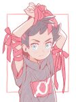  1boy arms_up bangs black_hair blue_eyes blush bound closed_mouth commentary_request eyelashes framed frown goh_(pokemon) grey_shirt highres male_focus minato_(mntnm) own_hands_together pokemon pokemon_(anime) pokemon_journeys red_ribbon ribbon ribbon_bondage shirt short_hair short_sleeves solo upper_body white_background 