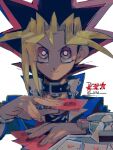  1boy black_hair blonde_hair blue_jacket card closed_mouth dr6 duel_disk english_text highres jacket multicolored_hair mutou_yuugi purple_hair red_star simple_background smile solo star_(symbol) twitter_username white_background yu-gi-oh! yu-gi-oh!_duel_monsters 