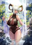  1girl absurdres alternate_breast_size animal_ears arknights bangs bare_shoulders black_swimsuit blush breasts carnelian_(arknights) carnelian_(shining_dew)_(arknights) casual_one-piece_swimsuit closed_eyes collarbone covered_navel dark-skinned_female dark_skin day goat_ears goat_girl goat_horns grey_hair highres horns huge_breasts nipples official_alternate_costume one-piece_swimsuit outdoors parted_lips plant rock see-through short_hair solo standing swimsuit thighs wading water zhait007 