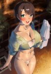  1girl bangs black_hair blue_eyes blush breasts chest_sarashi cleavage collarbone frikulu fundoshi highres holding holding_towel hololive japanese_clothes large_breasts looking_at_viewer navel oozora_subaru open_mouth outdoors sarashi short_hair short_sleeves smile solo sweat swept_bangs teeth thighs towel underwear upper_teeth virtual_youtuber yamakasa 