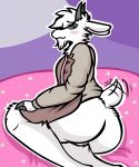  absurd_res apron blush bovid butt caprine clothing fur goat hi_res horizontal_pupils male mammal moon_(chatian) pink_background pupils purple_background rikawagyu simple_background solo sweater tail_motion tailwag topwear white_body white_fur 