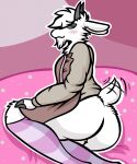  absurd_res anthro apron blush bovid butt caprine clothing fur goat hi_res horizontal_pupils legwear male mammal moon_(chatian) pink_background pink_clothing pink_legwear pink_thigh_highs pupils rikawagyu simple_background solo sweater tail_motion tailwag thigh_highs topwear white_body white_fur 
