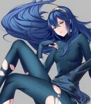  1boy ameno_(a_meno0) blue_eyes blue_hair breasts fingerless_gloves fire_emblem fire_emblem_awakening gloves grey_background legs long_hair looking_at_viewer lucina_(fire_emblem) pantyhose small_breasts solo sweater symbol-shaped_pupils tiara torn_clothes torn_pantyhose 