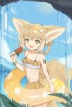  1girl absurdres animal_ears arknights bikini blonde_hair blue_sky bracelet braid cowboy_shot day food fox_ears fox_girl fox_tail hairband highres holding holding_food innertube jewelry long_hair looking_at_viewer open_mouth orange_hairband outdoors popsicle shio_(7203802) sky solo suzuran_(arknights) swimsuit tail water watermelon_bar 