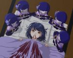  1girl blanket blood blue_hair character_doll excessive_nosebleed from_above futon genshin_impact half-closed_eyes head_on_pillow highres kujou_sara luizhtx lying messy_hair nosebleed on_back raiden_shogun short_hair twitter_username waking_up yellow_eyes 