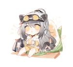  1girl :t animal_ears arknights bag black_headwear cat_ears cat_girl cat_tail chibi eating eyewear_on_headwear food grey_hair highres hood hood_down hooded_jacket jacket jewelry long_hair long_sleeves looking_at_viewer necklace oversized_food renren schwarz_(arknights) simple_background sitting skirt solo sunglasses tail tinted_eyewear visor_cap white_background white_jacket yellow-tinted_eyewear yellow_eyes yellow_skirt zongzi 