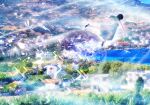  balloon bird black_hair city day dreaming dress floating floating_object flying grass light light_rays little_pine long_dress long_hair original outstretched_arms river scenery shoes sparkle spread_arms spring_(season) tree water wind 
