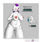  1:1 absurd_res anthro belly big_breasts blush breast_grab breasts caves_of_qud chubby_anthro chubby_female digital_media_(artwork) duo english_text exposed_breasts female fur genitals hair hand_on_breast hi_res human male mammal meme nipples nude one_eye_closed open_mouth paws pink_nipples purple_eyes purple_hair pussy q_girl_(caves_of_qud) shaded shitpost simple_background slightly_chubby solo solo_focus text thick_thighs tongue tongue_out ursid ursine_ears video_games white_body white_fur wide_hips wojak ydrials 