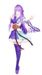  1girl asymmetrical_sleeves bell flower full_body hair_ornament hair_rings hairpin high_heels highres huang_qia_mi long_hair purple_hair qin_shi_ming_yue second-party_source shao_siming_(qin_shi_ming_yue) solo thighhighs veil white_background 