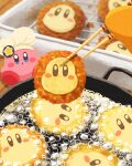  blush bubble chef_hat chef_kawasaki chopsticks cooking food frying_pan hat highres hot kirby kirby_(series) kirby_cafe looking_at_another miclot oil open_mouth sitting star_(symbol) waddle_dee wooden_table 