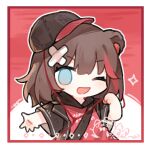  1girl ;d animal_ears arknights bandaid bandaid_on_head baseball_cap bear_ears bear_girl black_headwear blue_eyes border brown_hair brown_jacket casual chibi clenched_teeth crossed_bandaids earbuds earphones hat jacket long_hair official_alternate_costume one_eye_closed open_clothes open_jacket open_mouth outstretched_hand red_background red_hair red_shirt renren shirt simple_background sleeves_past_elbows smile solo teeth upper_body white_border zima_(arknights) zima_(ursusio79)_(arknights) 
