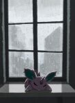  absurdres claws closed_eyes day highres horns hyogonosuke indoors lying nidoran nidoran_(male) no_humans on_stomach pokemon pokemon_(creature) rain single_horn sleeping solo spikes window 