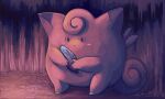  black_eyes blush cave clefairy curled_tail eings evolutionary_stone fur holding_object moon_stone nintendo open_mouth pink_body pink_fur pok&eacute;mon pok&eacute;mon_(species) vexnir video_games 