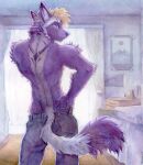  2022 akatan_art anthro back_muscles biceps blonde_hair bottomwear butt canid canine clothed clothing denim denim_clothing dipstick_tail fox fur hair hand_behind_head hand_on_hip hi_res inside jeans looking_at_viewer looking_back looking_back_at_viewer male mammal markings muscular muscular_anthro muscular_male painting_(artwork) pants purple_body purple_eyes purple_fur purple_nose purple_tail rear_view solo standing tail_markings topless topless_male traditional_media_(artwork) watercolor_(artwork) white_body white_fur white_tail 