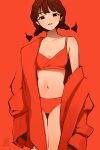  1girl bikini bikini_under_clothes blending braid brown_hair coat coat_partially_removed collarbone highres kimura_731 looking_at_viewer navel original red_background red_bikini red_coat simple_background single_bare_shoulder sleeves_past_fingers sleeves_past_wrists swimsuit thigh_gap twin_braids 
