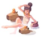  1girl :3 animal bangs bare_shoulders barefoot blush capybara closed_eyes fang flat_chest food fruit hair_bun highres hololive hololive_english meiyan_(boyimachao) naked_towel ninomae_ina&#039;nis open_mouth orange_(fruit) partially_submerged pointy_ears purple_hair single_hair_bun smile solo tako_(ninomae_ina&#039;nis) tentacle_hair towel virtual_youtuber 