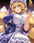  1girl :d bangs black_background blonde_hair blush breasts dress fox_shadow_puppet fox_tail gradient gradient_background houshiruri huge_breasts kitsune looking_at_viewer multiple_tails open_mouth short_hair short_sleeves smile solo tabard tail touhou white_dress white_headwear wide_sleeves yakumo_ran yellow_eyes 