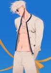  1boy abs absurdres bangs blue_background blue_eyes buttons collarbone gojou_satoru hair_between_eyes head_tilt highres jacket jewelry jujutsu_kaisen li_chestnuts lips long_sleeves looking_at_viewer male_focus navel necklace no_shirt pants pearl_necklace pectorals profile round_eyewear shirt short_hair simple_background smirk sunglasses toned toned_male white_hair white_pants white_shirt 