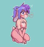  &lt;3 &lt;3_censor 2021 anthro blue_hair blush blush_lines breasts censored chest_tuft clothing countershade_torso countershading duskihorns female fur hair hi_res hoodie inner_ear_fluff kneeling lagomorph leporid mammal meme meme_clothing mostly_nude pink_body pink_fur purple_eyes purple_hair rabbit scut_tail shaking short_tail simple_background solo speech_bubble topwear tuft twitter_hoodie white_body white_countershading wide_hips 