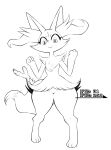  anthro black_and_white box_(hajimeyou654) braixen digitigrade ear_tuft featureless_crotch female fist flat_chested hi_res huge_hips looking_at_viewer monochrome nintendo pigeon_toed pok&eacute;mon pok&eacute;mon_(species) smile solo stats thick_thighs tuft video_games wide_hips 