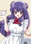  1girl apron blush bowl chinese_clothes double_bun hair_bobbles hair_bun hair_ornament highres holding holding_bowl long_hair looking_at_viewer maid_headdress open_mouth purple_hair ranma_1/2 red_eyes shampoo_(ranma_1/2) shinji_(udonteishoku) sidelocks solo upper_body white_apron 