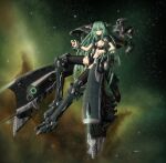  1girl absurdres armor armored_boots armpits battleship black_legwear boots breasts bright_pupils cannon dot_nose eve_online full_body gallente_federation_(eve_online) glowing green_armor green_eyes green_footwear green_hair green_legwear hand_up highres knee_boots long_hair long_legs looking_at_viewer machinery mcrc_science mecha_musume medium_breasts megathron_(eve_online) military military_vehicle original outdoors science_fiction ship shoulder_armor sideboob sky slit_pupils smile solo space star_(sky) starry_sky thighs thrusters translation_request turret very_long_hair warship watercraft 