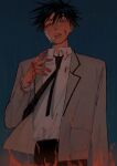  1boy absurdres arm_at_side bandage_on_face bandages bandaid bandaid_on_face bandaid_on_nose bangs black_hair black_necktie black_pants blood blood_on_clothes blood_on_face blood_on_hands blue_eyes cigarette collared_shirt eyelashes fire fushiguro_megumi hair_between_eyes highres jacket jujutsu_kaisen li_chestnuts lips long_sleeves looking_at_viewer male_focus mouth_hold necktie pants pocket school_uniform shirt short_hair simple_background smoking solo spiked_hair standing white_shirt 