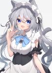  1girl :3 :d absurdres animal_ear_fluff animal_ears bangs black_dress blue_bow blue_bowtie blue_eyes blue_nails bow bowtie cat_ears cat_girl cat_tail dress earrings fang frilled_dress frills grey_background grey_hair hair_between_eyes hair_ornament hairclip hand_up highres hinata_(user_rjkt4745) jewelry long_hair looking_at_viewer maid maid_headdress nail_polish original short_sleeves sidelocks simple_background single_earring skin_fang smile solo tail tail_raised upper_body v white_dress 