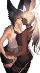 2girls animal_ear_fluff animal_ears avatar_(ff14) bangs bare_shoulders belt black_eyes black_hair black_shirt black_shorts black_thighhighs blonde_hair braid breasts brown_eyes chinese_commentary cleavage collarbone commentary_request cowboy_shot crop_top dark-skinned_female dark_skin eboda-x final_fantasy final_fantasy_xiv from_above halter_top halterneck hand_on_another&#039;s_hand hand_on_another&#039;s_waist high_ponytail highres long_hair looking_at_viewer looking_back mole mole_under_eye multiple_girls one_eye_covered parted_lips rabbit_ears red_lips shirt shorts side_braid simple_background single_braid sleeveless sleeveless_shirt standing thighhighs viera white_background white_shirt yuri 