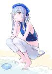  1boy arknights bare_shoulders barefoot beach blue_hair blue_headwear blue_shirt cleavage_cutout clothing_cutout earrings feet hat head_rest jewelry looking_at_viewer male_focus midriff mizuki_(arknights) navel otoko_no_ko pants pink_eyes shirt short_hair_with_long_locks simple_background sleeveless sleeveless_shirt soaking_feet solo squatting toes water white_background white_pants zuncro_gb 