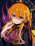  1girl :d bangs black_background breasts energy harakune_(mugennero) headdress highres junko_(touhou) long_hair looking_at_viewer one-hour_drawing_challenge open_mouth orange_hair red_eyes simple_background smile solo tabard touhou upper_body 