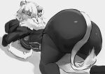  1girl animal_ears ass black_jacket black_skirt boots ear_piercing fang fur_trim greyscale hololive jacket lion_ears lion_girl lion_tail lying_on_another monochrome nuezou open_mouth pantyhose piercing shade shishiro_botan single_thighhigh sketch skirt smile ssrb tail tail_through_clothes thighhighs thighs top-down_bottom-up unfinished virtual_youtuber white_background 