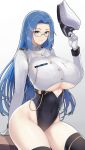  absurdres blue_eyes blue_hair breasts character_request copyright_request desspie glasses hat highres holding holding_clothes holding_hat huge_breasts leotard long_hair mole mole_under_eye simple_background underboob very_long_hair white_background 