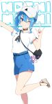  1girl \m/ animal_ear_headwear bag bangs baseball_cap belt blue_eyes blue_hair blue_shorts blush breasts character_doll character_name choker ear_piercing grin hand_up handbag haseneko hat highres hololive hoshimachi_suisei looking_at_viewer medium_hair minato_aqua one_eye_closed outstretched_arm piercing platform_footwear sandals shirt shirt_tucked_in short_sleeves shorts side_ponytail small_breasts smile solo standing standing_on_one_leg star_(symbol) star_in_eye symbol_in_eye teeth virtual_youtuber white_shirt 