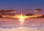  absurdres artist_name beach cloud cloudy_sky h_yuusui highres horizon light light_rays mountainous_horizon ocean original sand scenery signature sky star_(sky) starry_sky sun sunlight sunrise sunset water waves 