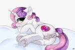  3:2 anus bed blush female feral friendship_is_magic furniture genitals hasbro hi_res hooves looking_at_viewer my_little_pony pussy solo stars_(artist) sweetie_belle_(mlp) 