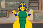  animal_crossing animated ankha_(animal_crossing) anthro apron apron_only areola areola_slip bangs blue_areola blue_eyes blue_hair blush blush_stickers bouncing_breasts breasts clothing container cup derpyharpy dialogue domestic_cat egyptian_headdress eyelashes felid feline felis female fur hair holding_cup holding_marker holding_object i_mean_breast_milk mammal marker meme mostly_nude nintendo prick_ears solo text thick_thighs video_games wide_hips yellow_body yellow_fur 