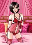  ada_wong babydoll black_eyes black_hair collar jf_illustration lingerie looking_at_viewer open_mouth red_lips resident_evil short_hair solo underwear 