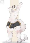  anthro axel_(sad_tomato) big_butt bulge butt clothed clothing dragon eyewear fur furred_dragon glasses hi_res horn male mammal nipples sad_tomato simple_background solo stretching underwear 