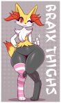  :3 anthro blush border braixen canid canine chest_tuft clothing english_text female footwear fox genitals gesture hi_res legwear legwear_only looking_at_viewer mammal mostly_nude navel nintendo one_eye_closed pok&eacute;mon pok&eacute;mon_(species) pussy r-mk socks solo stockings stockings_only text thick_thighs thumbs_up tuft video_games white_border wide_hips 