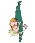  1boy belt blonde_hair blue_eyes boots charlie_nash chibi collarbone commentary_request flexible glasses kicking male_focus navel open_clothes open_vest pants profile rimless_eyewear solo street_fighter street_fighter_zero_(series) tanakalma upside-down vest 