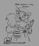  2022 4_fingers anthro barmaid beer_mug black_pawpads braided_tail breasts canid canine chest_tuft claws cleavage clothed clothing curled_hair cute_fangs dress female finger_claws fingers fluffy fluffy_tail fox front_view gesture greyscale guide_lines hair looking_away mammal medium_breasts monochrome omny87 open_mouth pawpads sketch smile solo tuft waving 