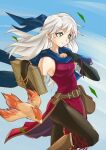  1girl bangs bare_shoulders belt bird black_gloves black_legwear blue_scarf blue_sky boots bracelet breasts cowboy_shot deekei dress elbow_gloves falling_leaves fingerless_gloves fire_emblem fire_emblem:_radiant_dawn gloves grey_hair hair_ribbon highres jewelry leaf leggings long_hair looking_away micaiah_(fire_emblem) ribbon scarf side_slit sideboob sky sleeveless sleeveless_dress solo yellow_eyes yune_(fire_emblem) 