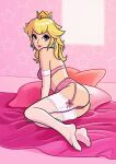  ass blonde_hair blue_eyes crown earrings gloves jewelry jf_illustration lingerie long_hair looking_at_viewer mario_(series) pink_lips princess_peach super_mario_bros._1 transparent_gloves underwear white_gloves 
