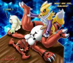 absurd_res ambiguous_gender anthro bandai_namco blush bread butt claws digimon digimon_(species) food group guilmon heartlessangel3d hi_res humor lying on_back pun renamon terriermon text trio 