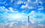  1girl brown_hair child cloud cloudy_sky dawn dress highres horizon ilstau light light_rays long_dress original reflection reflective_water scenery short_hair sky sleeveless water wet 